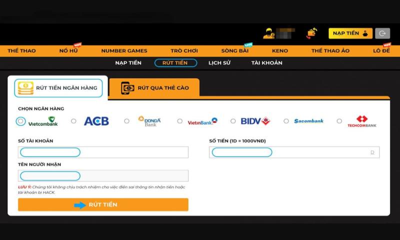 Rút tiền qua hình thức thanh toán chuyển khoản